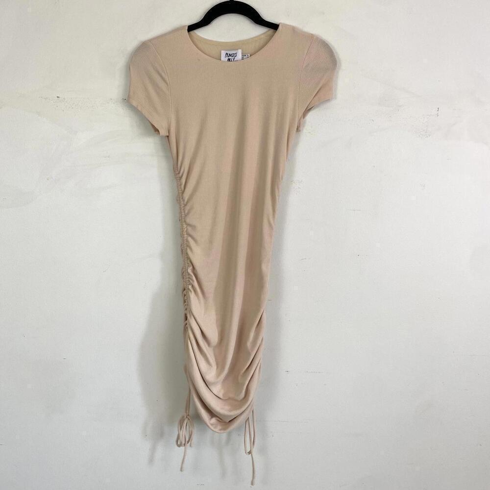 PRINCESS POLLY tan short sleeve ribbed ruched mini dress